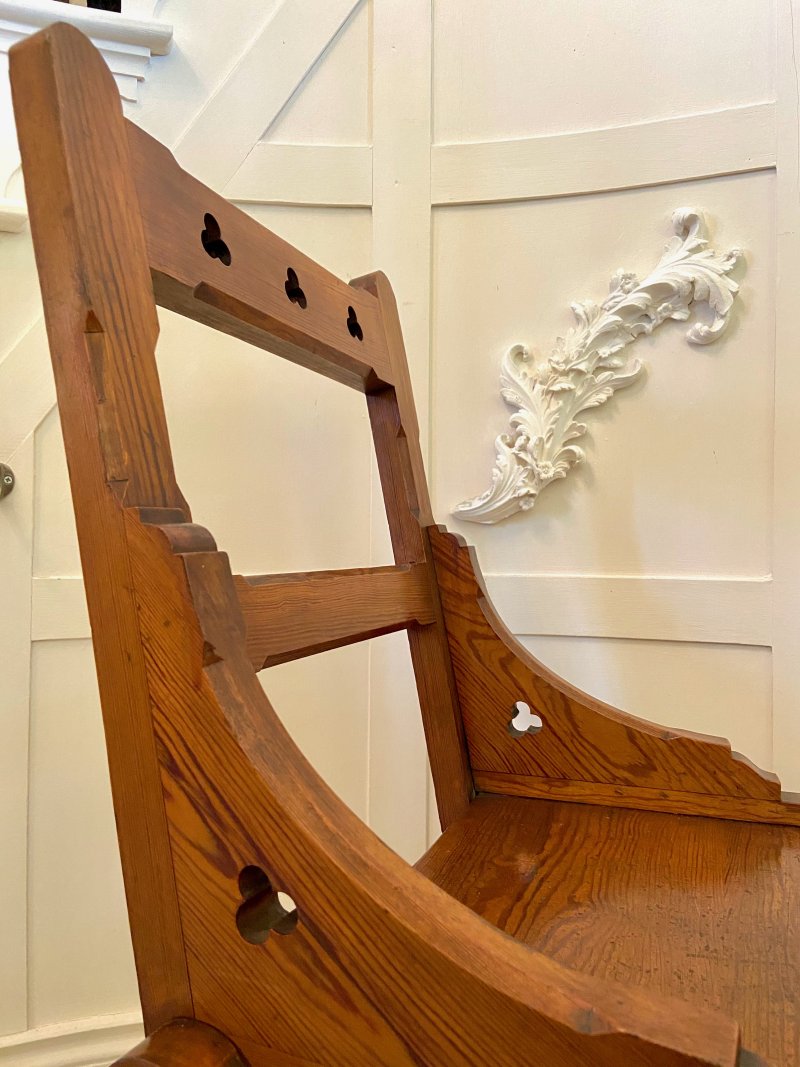 Unusual Antique Set of Twelve Gothic Pitch Pine Dining Chairs - Image 9